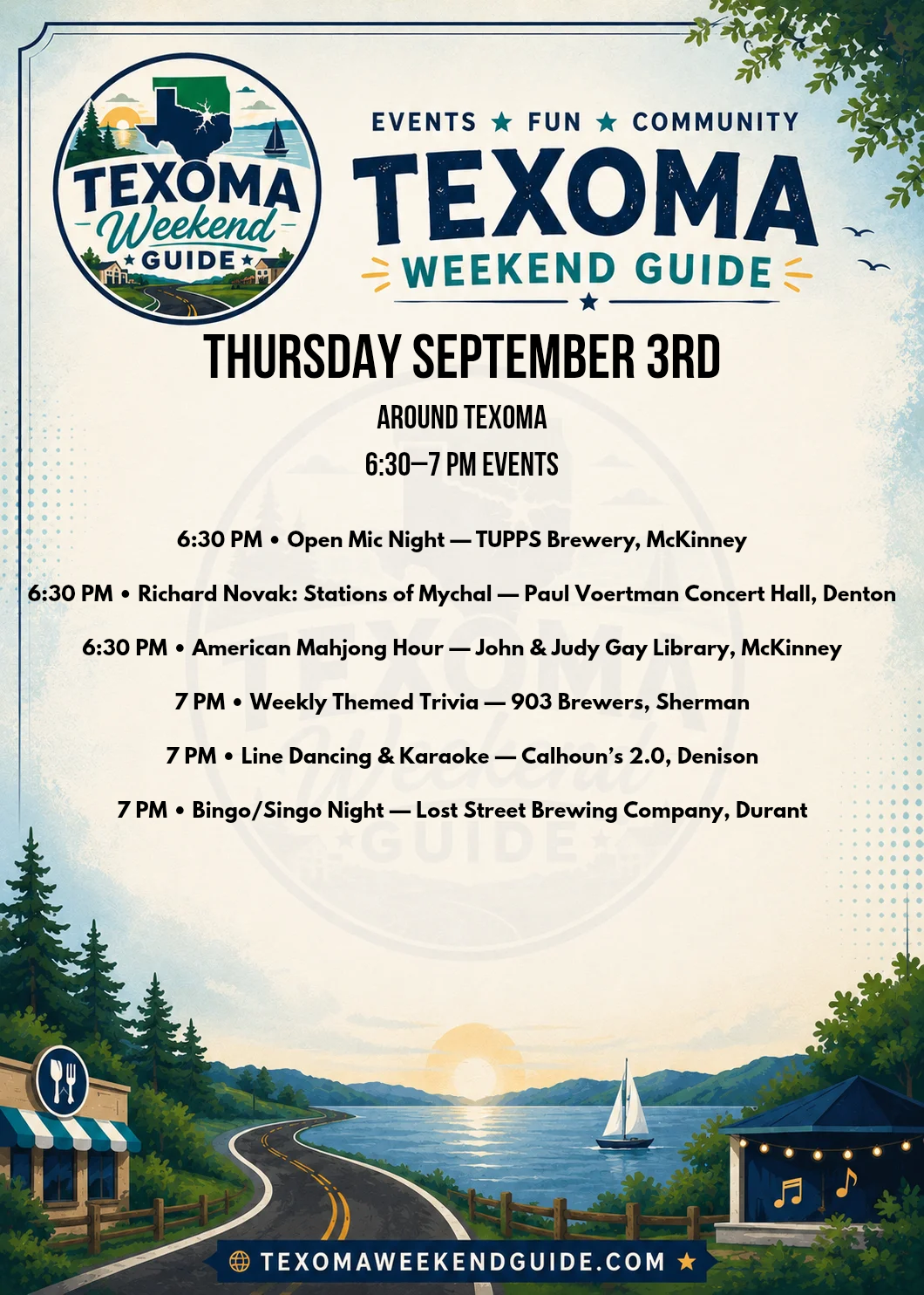 Texoma Weekend Guide Thursday events for September 3, 2026 featuring open mic night, Richard Novak, American Mahjong, trivia, line dancing, karaoke and Bingo-Singo