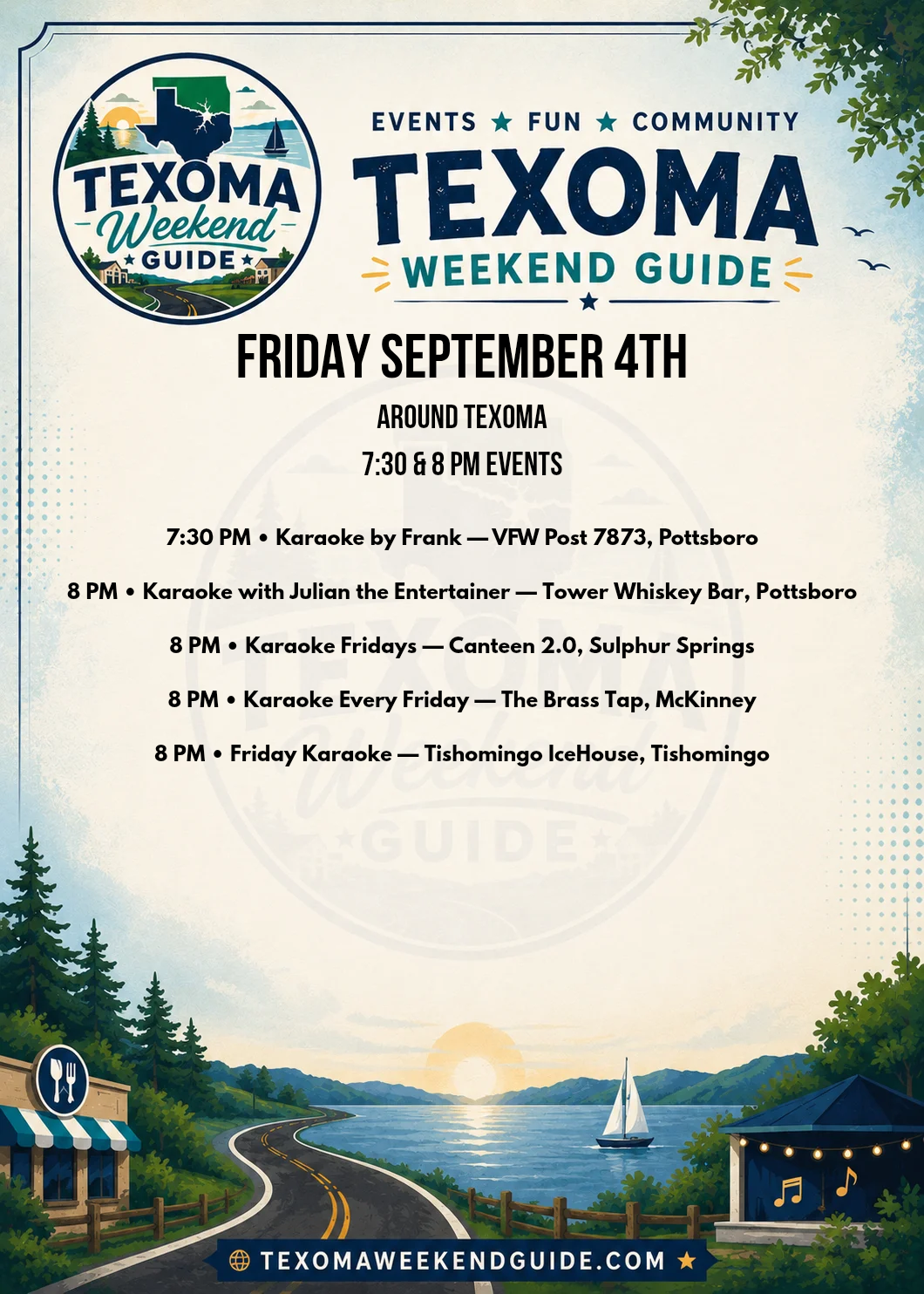 Texoma Weekend Guide Friday events for September 4, 2026 featuring Karaoke by Frank, Julian the Entertainer and Friday karaoke events around Texoma