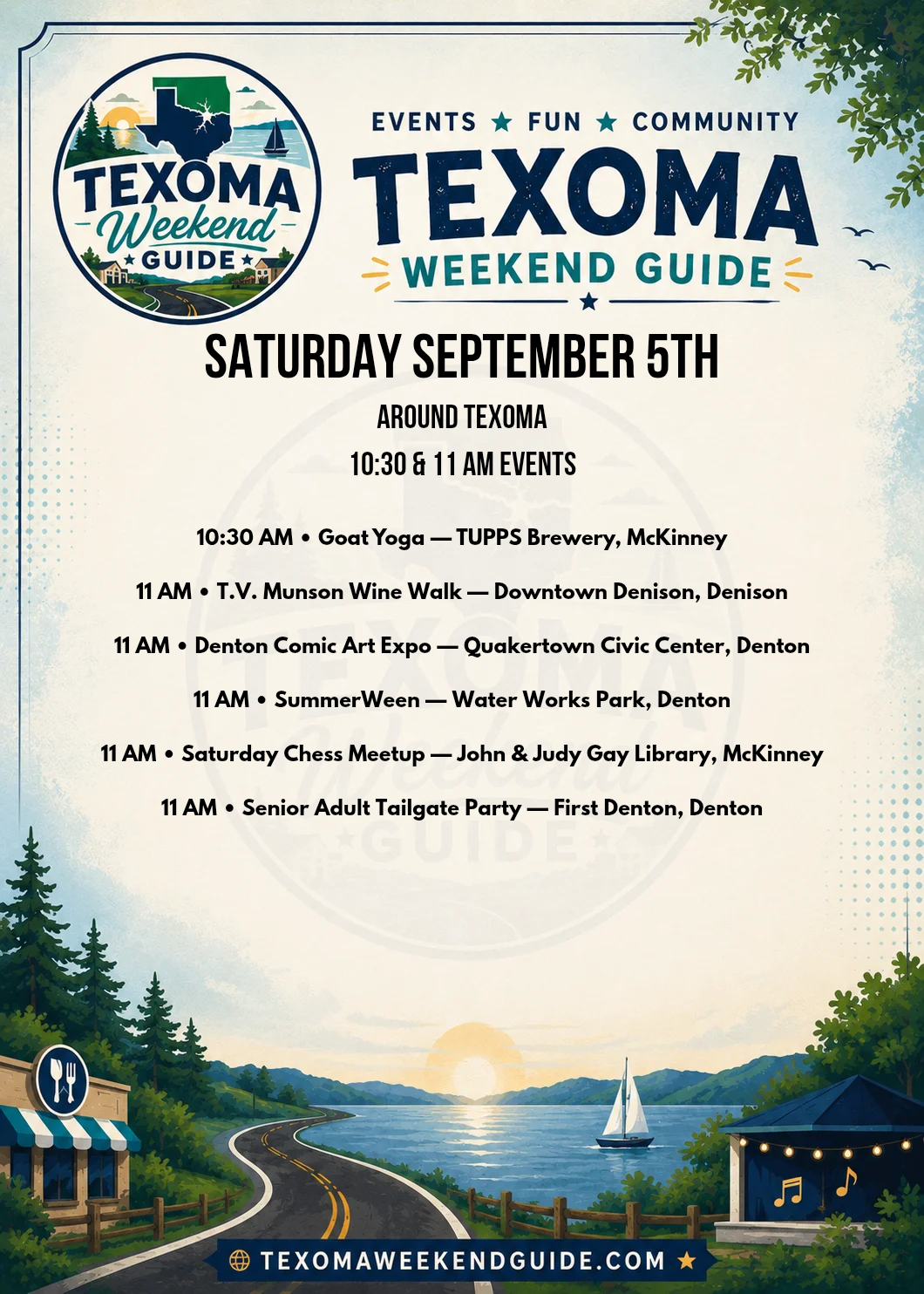 Texoma Weekend Guide Saturday events for September 5, 2026 featuring Goat Yoga, T.V. Munson Wine Walk, Denton Comic Art Expo, SummerWeen, Saturday Chess Meetup and the Senior Adult Tailgate Party