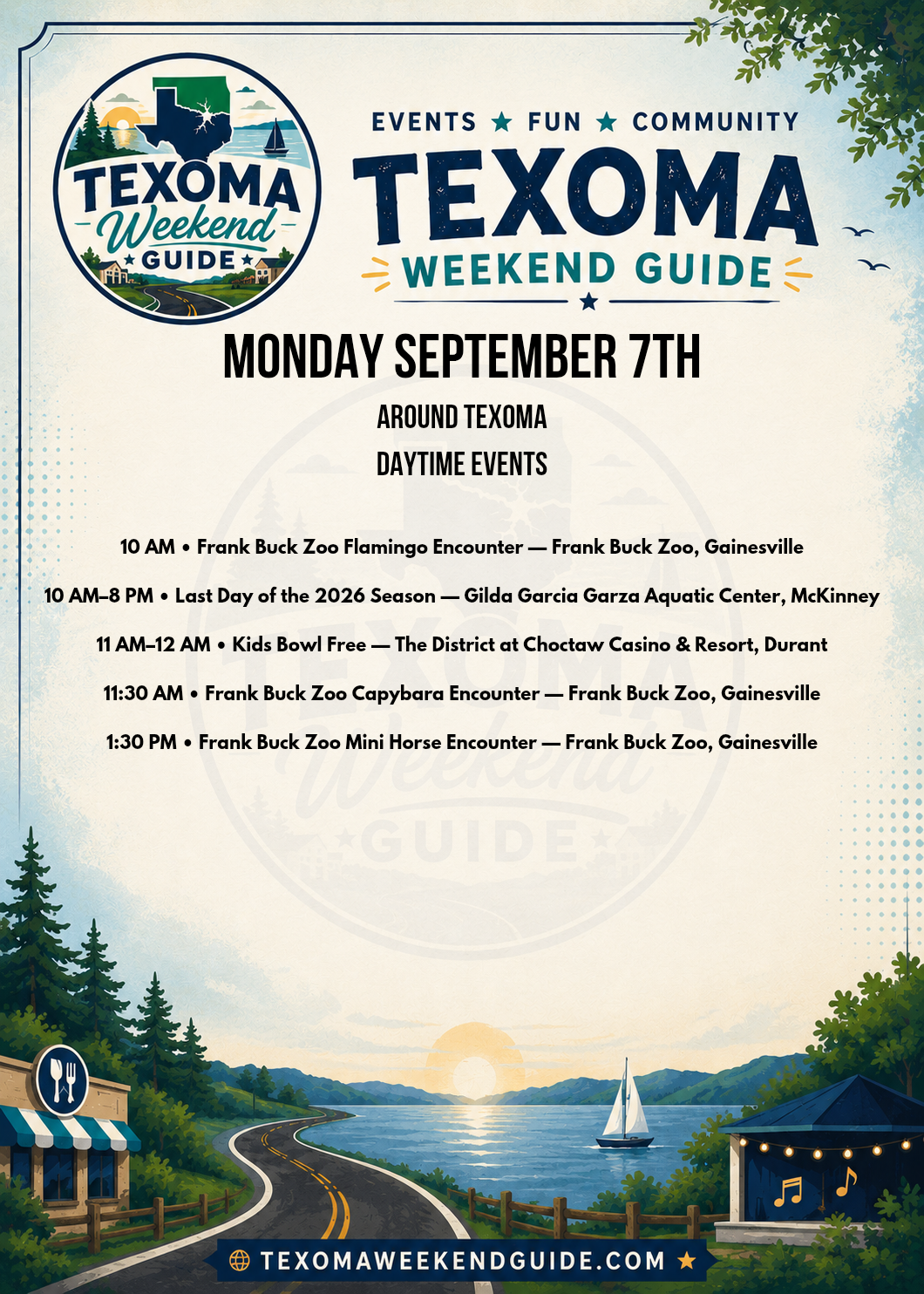 Texoma Labor Day daytime events for September 7, 2026 featuring Frank Buck Zoo encounters, Gilda Garcia Garza Aquatic Center and Kids Bowl Free