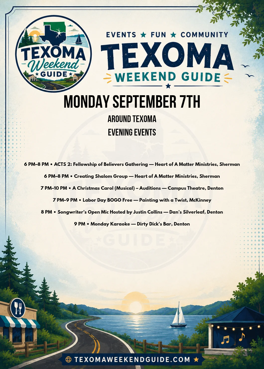 Texoma Labor Day evening events for September 7, 2026 featuring community gatherings, auditions, painting, open mic and karaoke