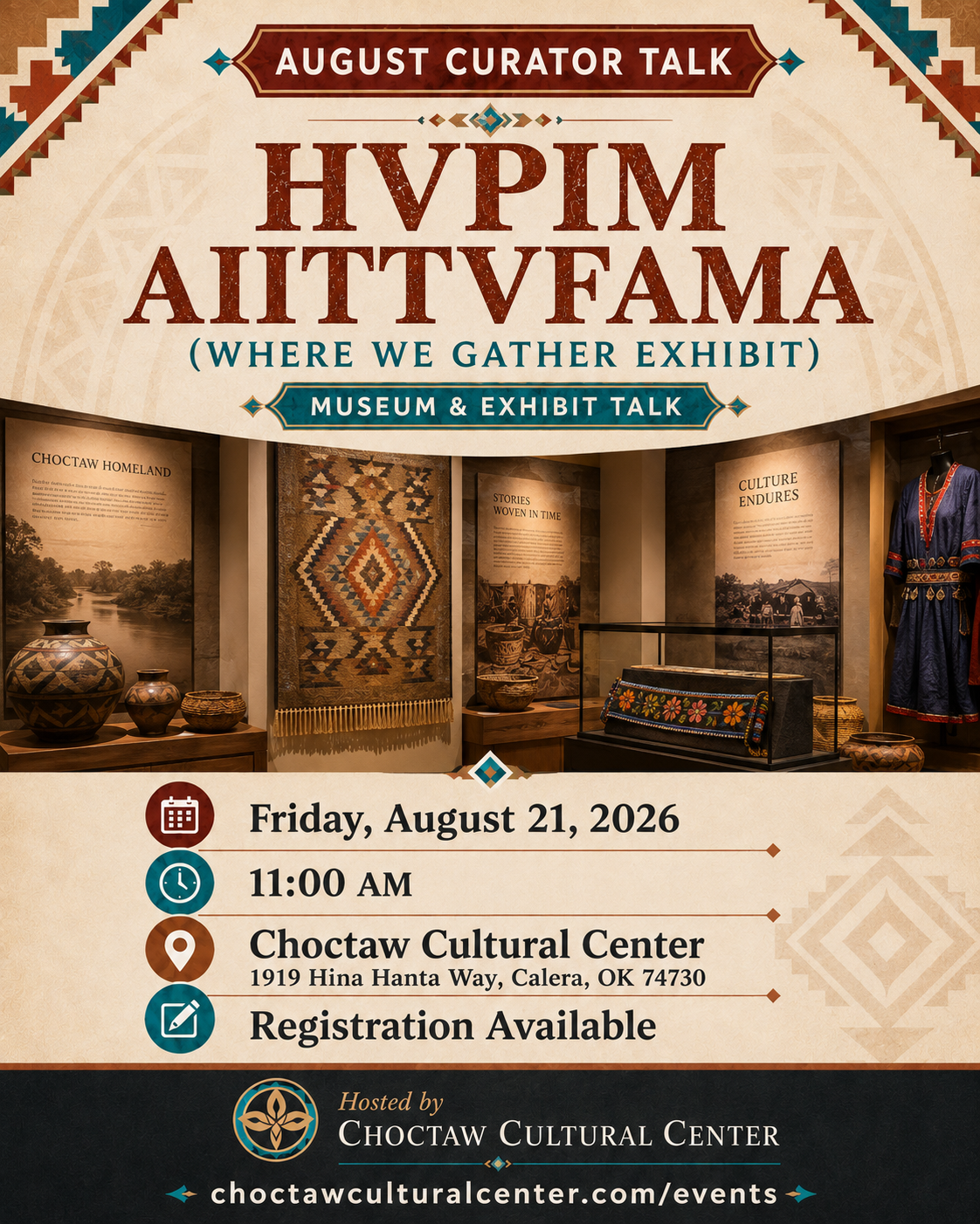 August Curator Talk: Hvpim Aiittvfama (Where We Gather Exhibit) flyer