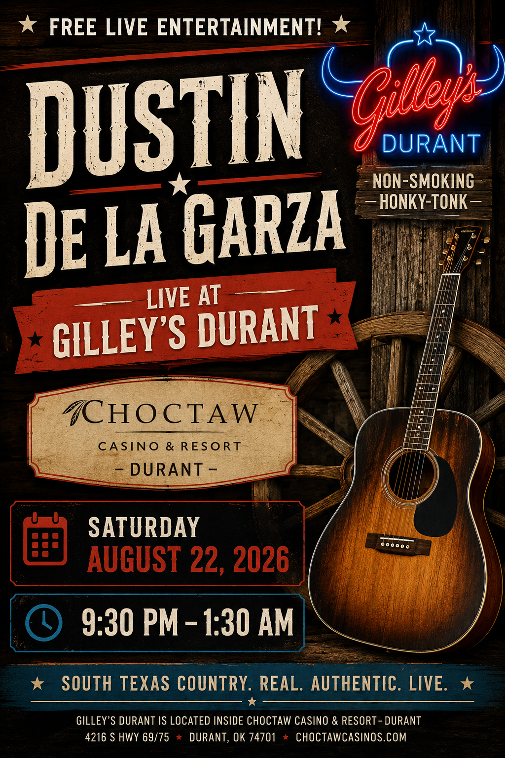 Dustin De La Garza Live at Gilley's Durant flyer