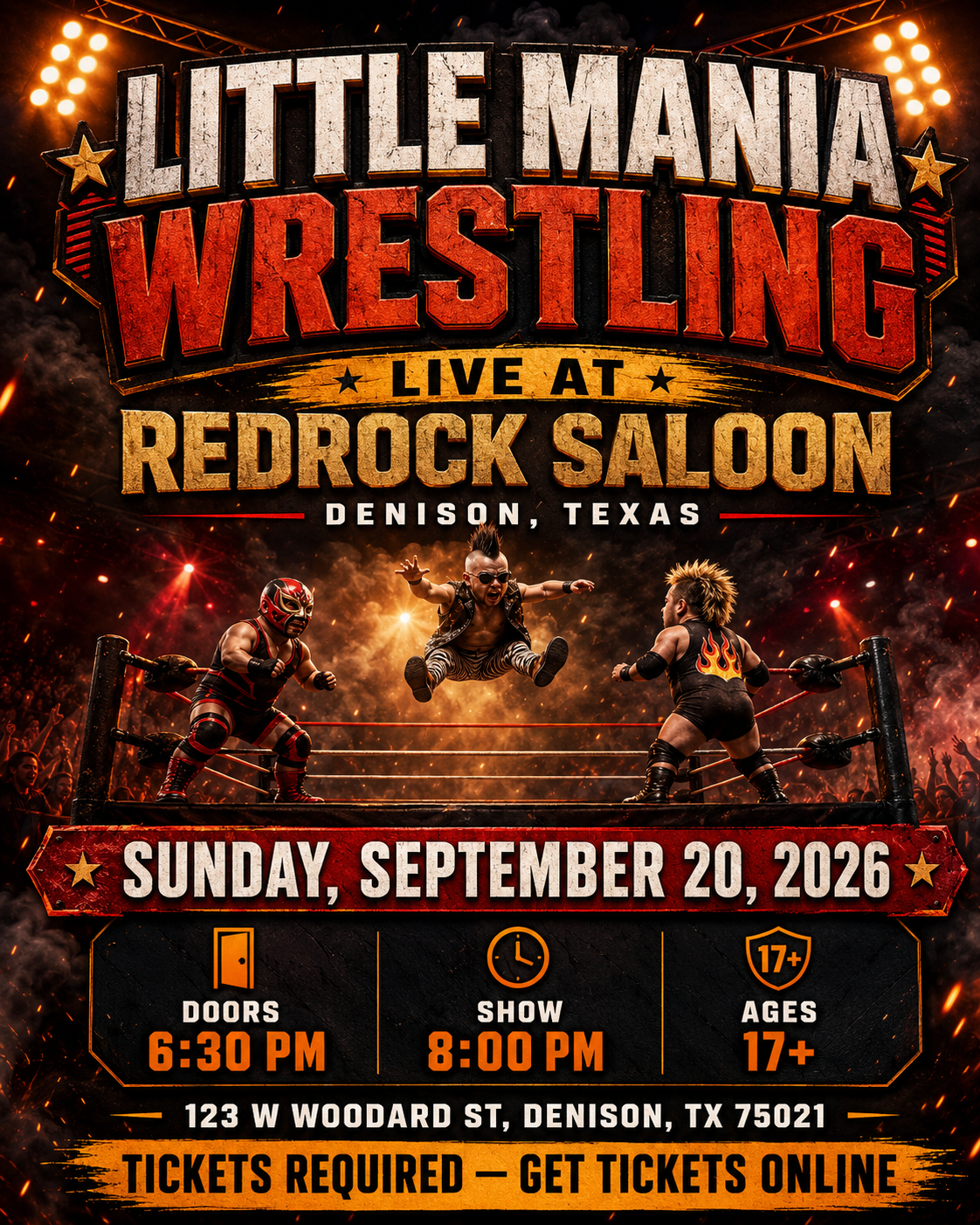 Little Mania Wrestling at RedRock Saloon in Denison on September 20, 2026.