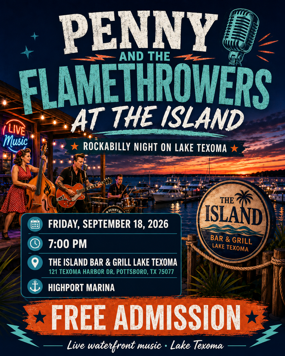 Penny and the Flamethrowers at The Island flyer