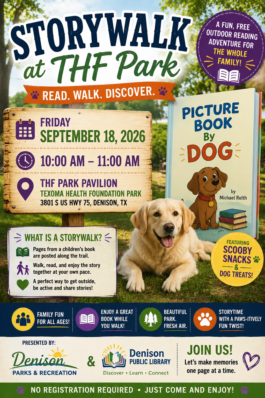 StoryWalk at THF Park — Picture Book By Dog flyer