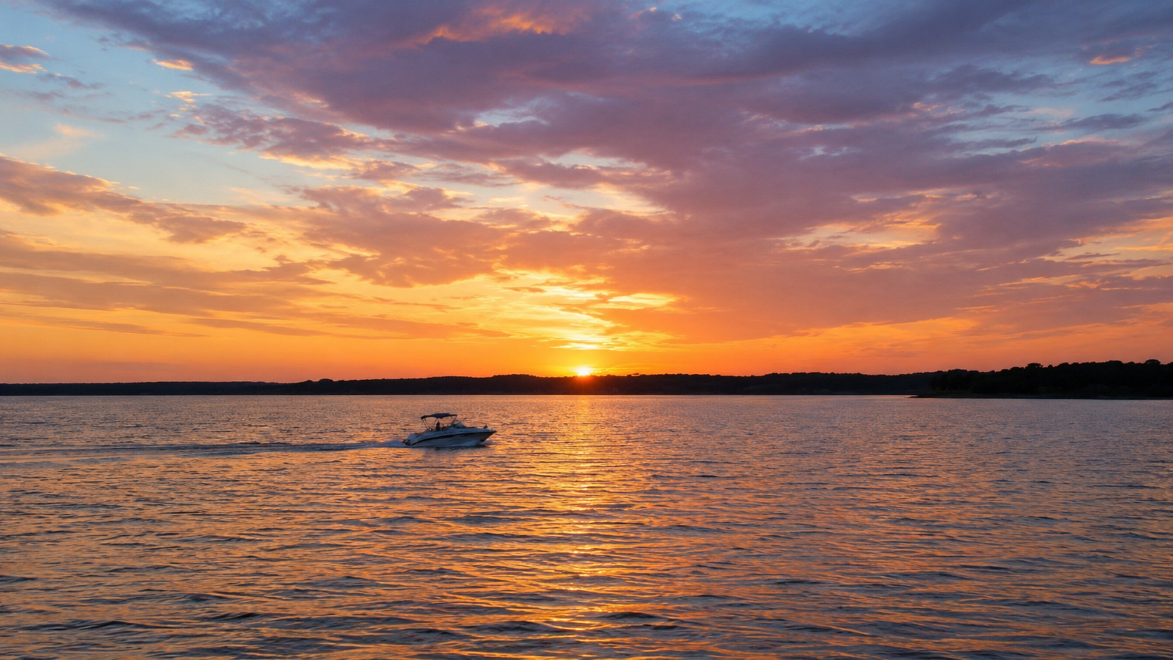 AI-generated scenic depiction of Lake Texoma at sunset with a motorboat crossing the water.