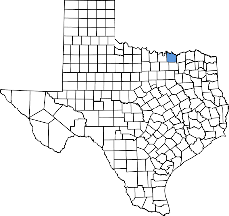 AI-generated map of Texas highlighting Grayson County along the Oklahoma border in North Texas.