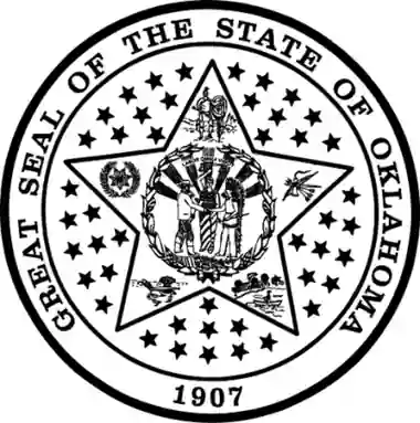 Great Seal of the State of Oklahoma featuring a five-pointed star and symbolic imagery representing the state's Native American and territorial heritage.