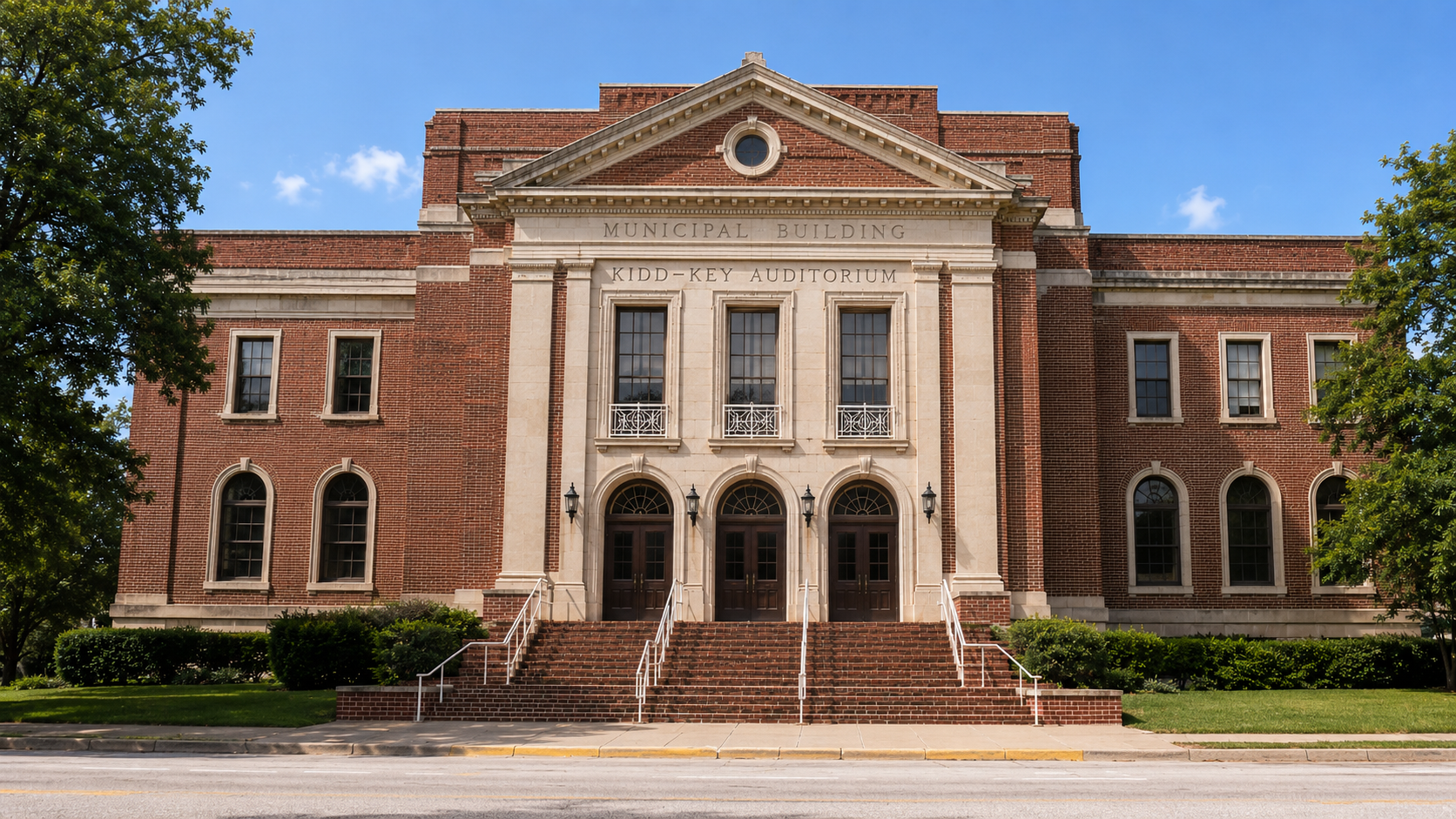 AI-generated editorial depiction of the Municipal Building and Kidd-Key Auditorium in Sherman, Texas.