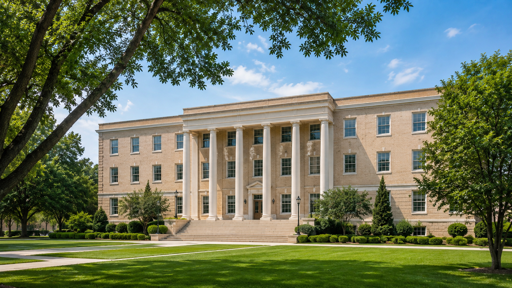 AI-generated editorial depiction of Caruth Administration Building on the Austin College campus in Sherman, Texas.