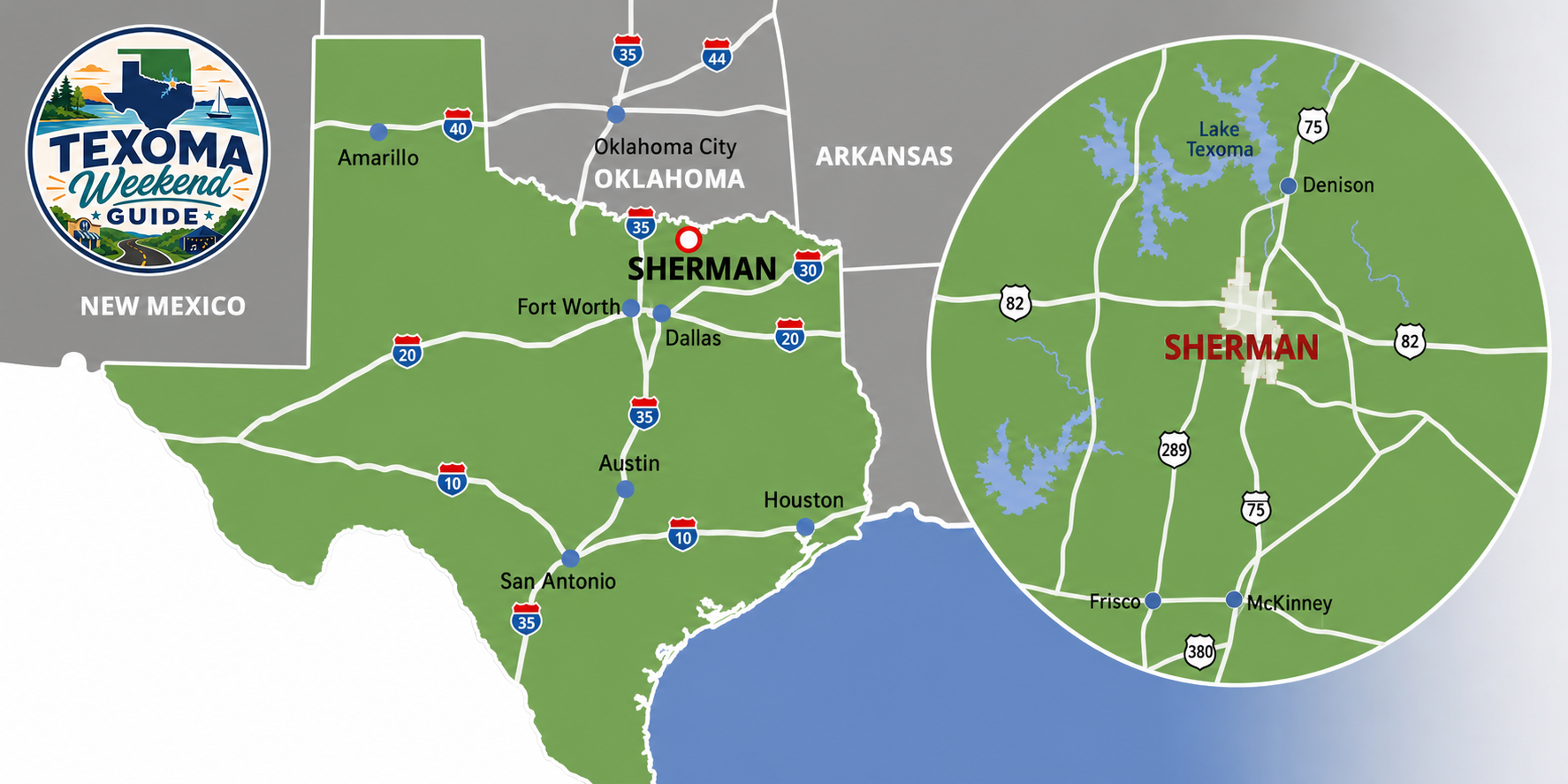 TWG-branded locator map showing Sherman in North Texas, with Lake Texoma northwest of Sherman, US 75 and US 82, Denison, and nearby regional cities.
