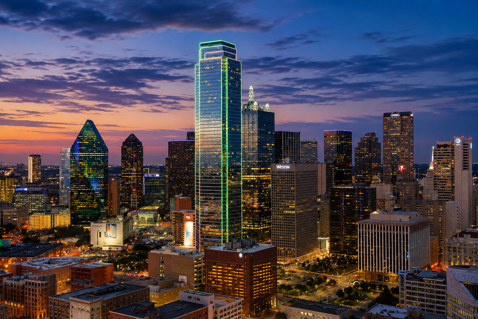 Downtown Dallas skyline at dusk featuring Bank of America Plaza, Fountain Place, and the city's illuminated skyscrapers.