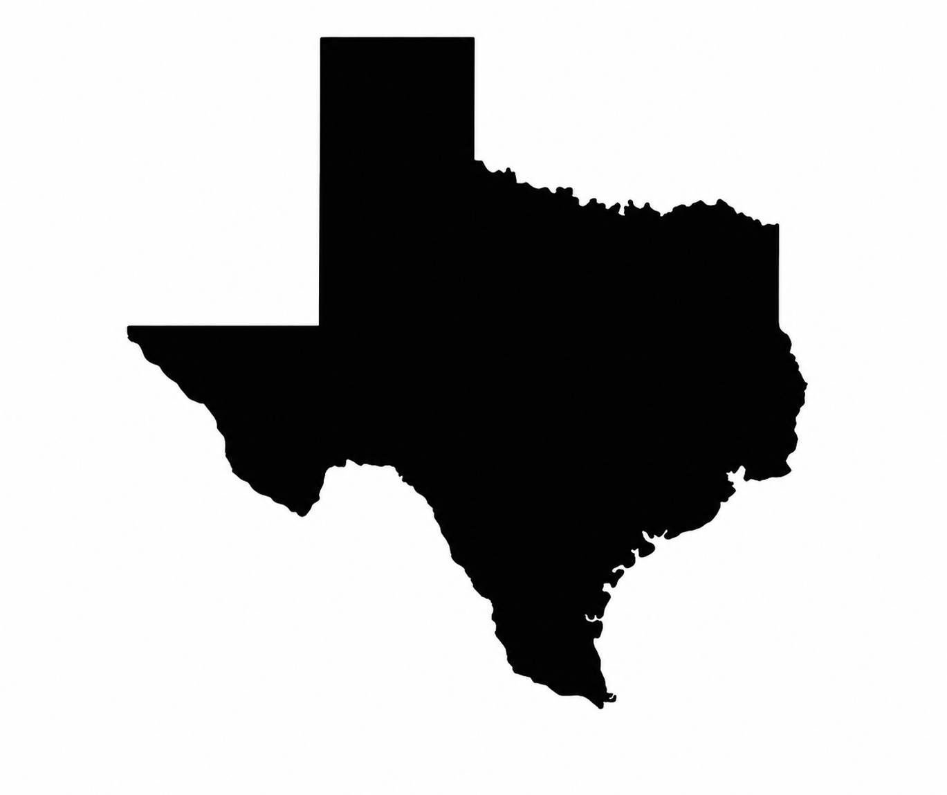 Solid black silhouette of the State of Texas centered on a white background.