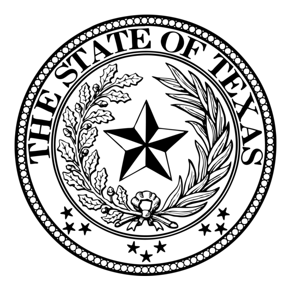 Official Great Seal of the State of Texas featuring a five-pointed star surrounded by oak and olive branches.