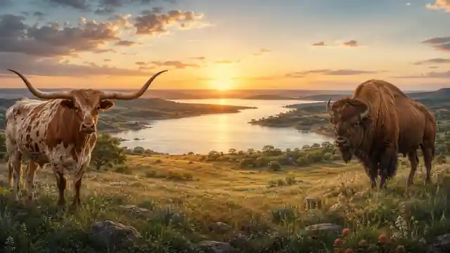 Texas longhorn and American bison framing a golden-hour view of Lake Texoma and the surrounding Texas–Oklahoma landscape.