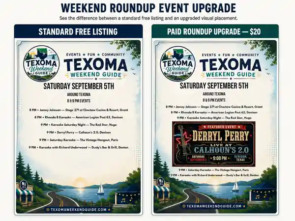 Side-by-side Texoma Weekend Guide comparison showing a standard free event listing and a paid $20 roundup promotion